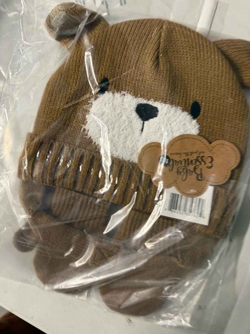Baby Essentials Brown and White Knit Animal hat, and mittens NWT 0 to 12 months